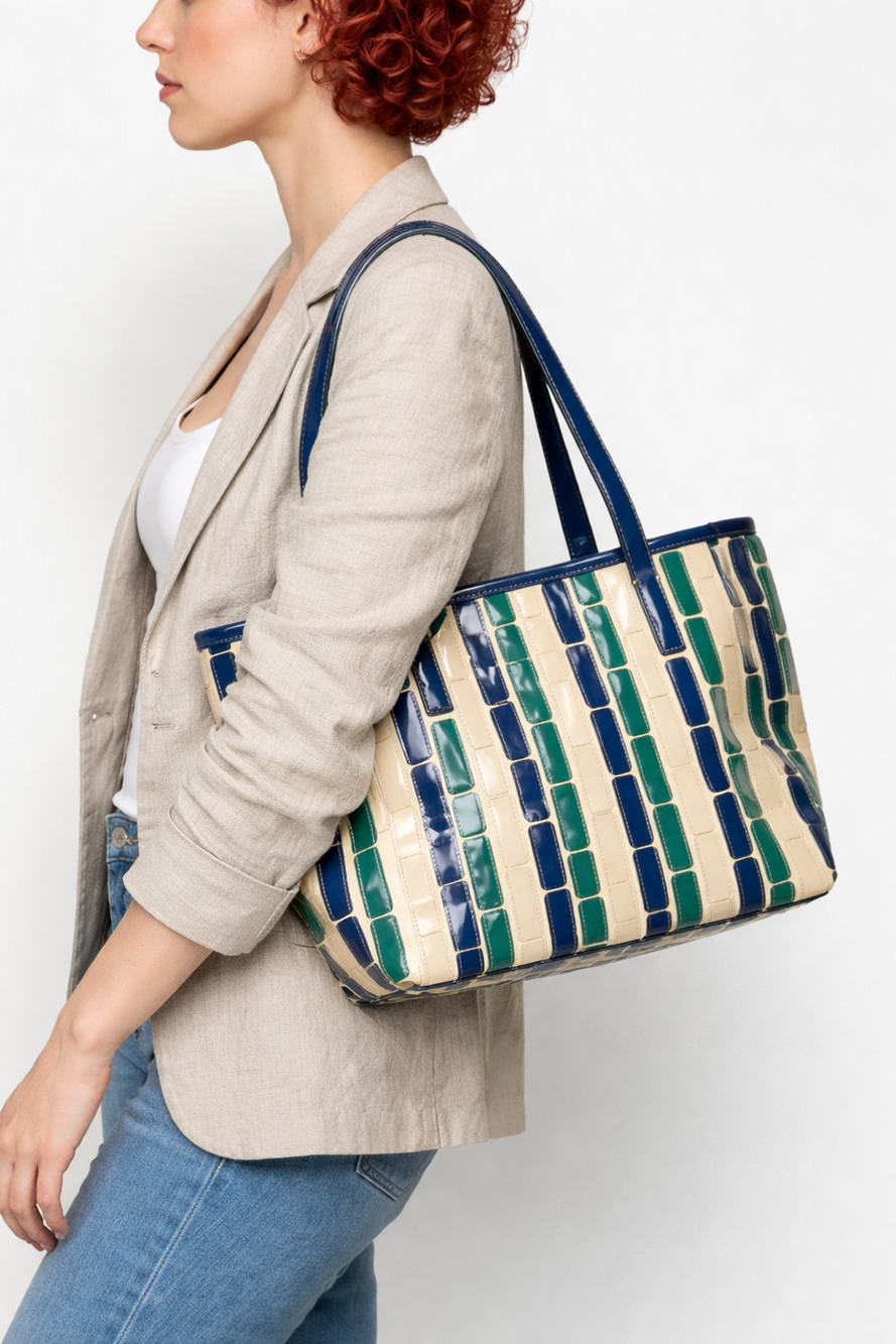 Kate Landry Geometric Patent Tote Blue Green Cream Shoulder Bag Retro Mod Preppy